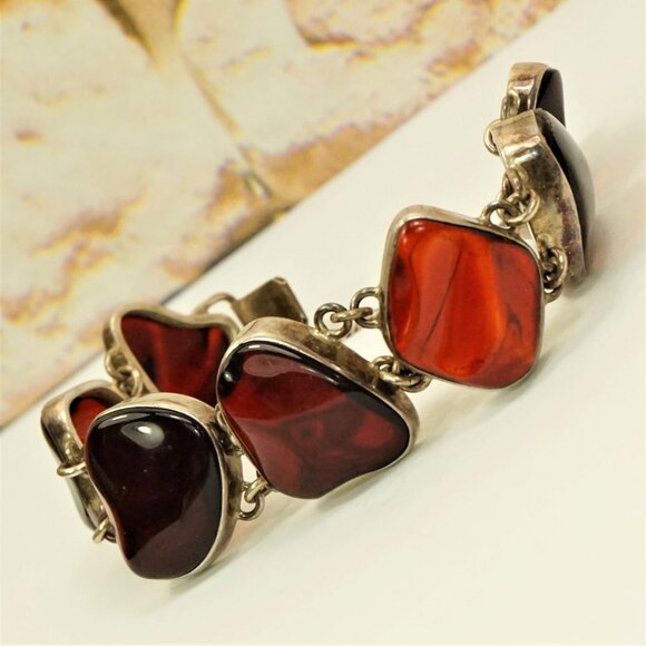 Rare To Find Cherry Amber Link BRACELET in 925 Silver, Heavy Jewelry, OOAK Gift - Picture 5 of 16